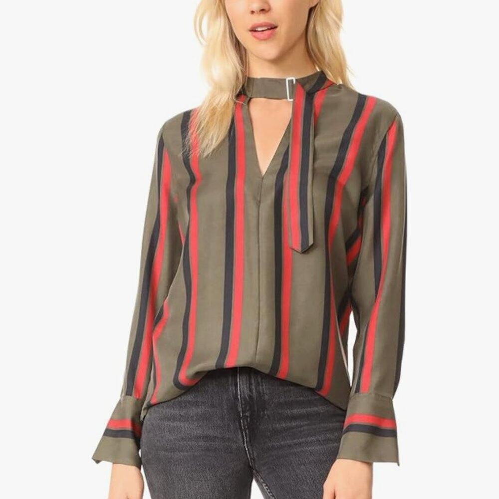 Equipment Janelle Stripe Silk Blouse in Herbal Green Size XS
